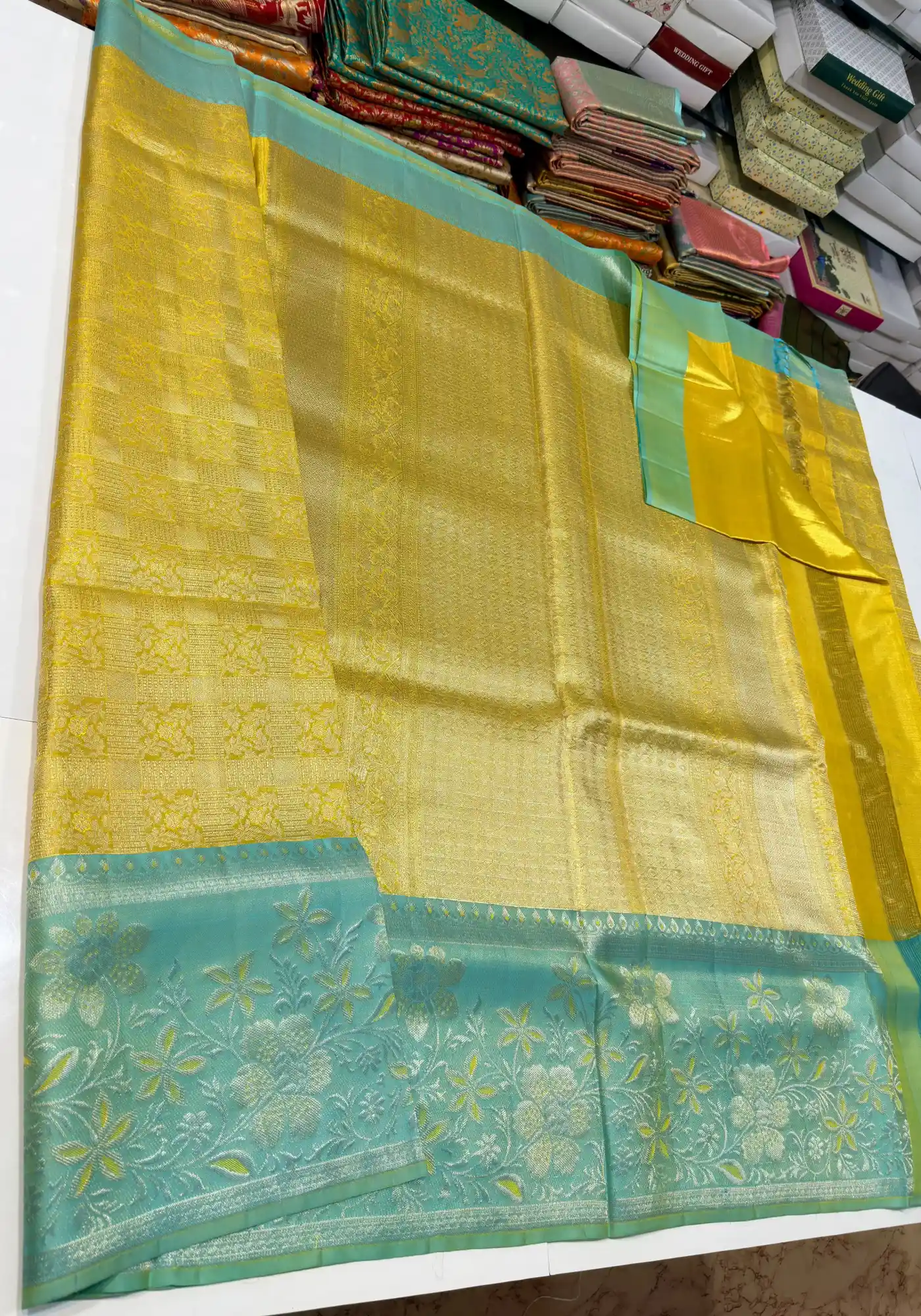 Sea Green Kanchipuram Handloom Bridal Silk Tissue Brocade Saree